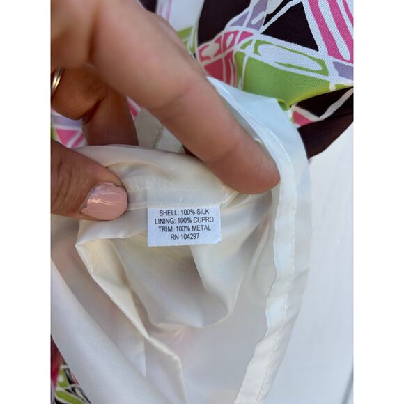 Milly Mini Silk Dress, Sheath Shift, Geometric Print,‎ Gold Metal Straps, Sz 10 - Picture 3 of 4